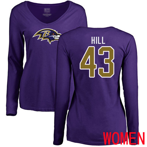 Baltimore Ravens Purple Women Justice Hill Name and Number Logo NFL Football #43 Long Sleeve T Shirt